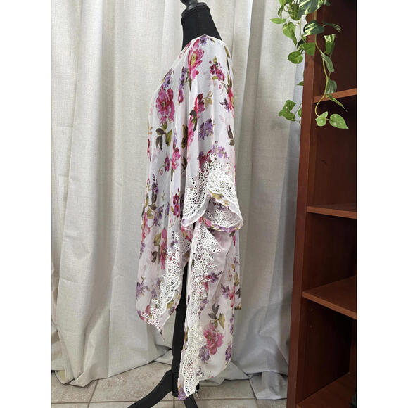 Boho Floral Lace Trim Kimono Cardigan - Picture 5 of 8